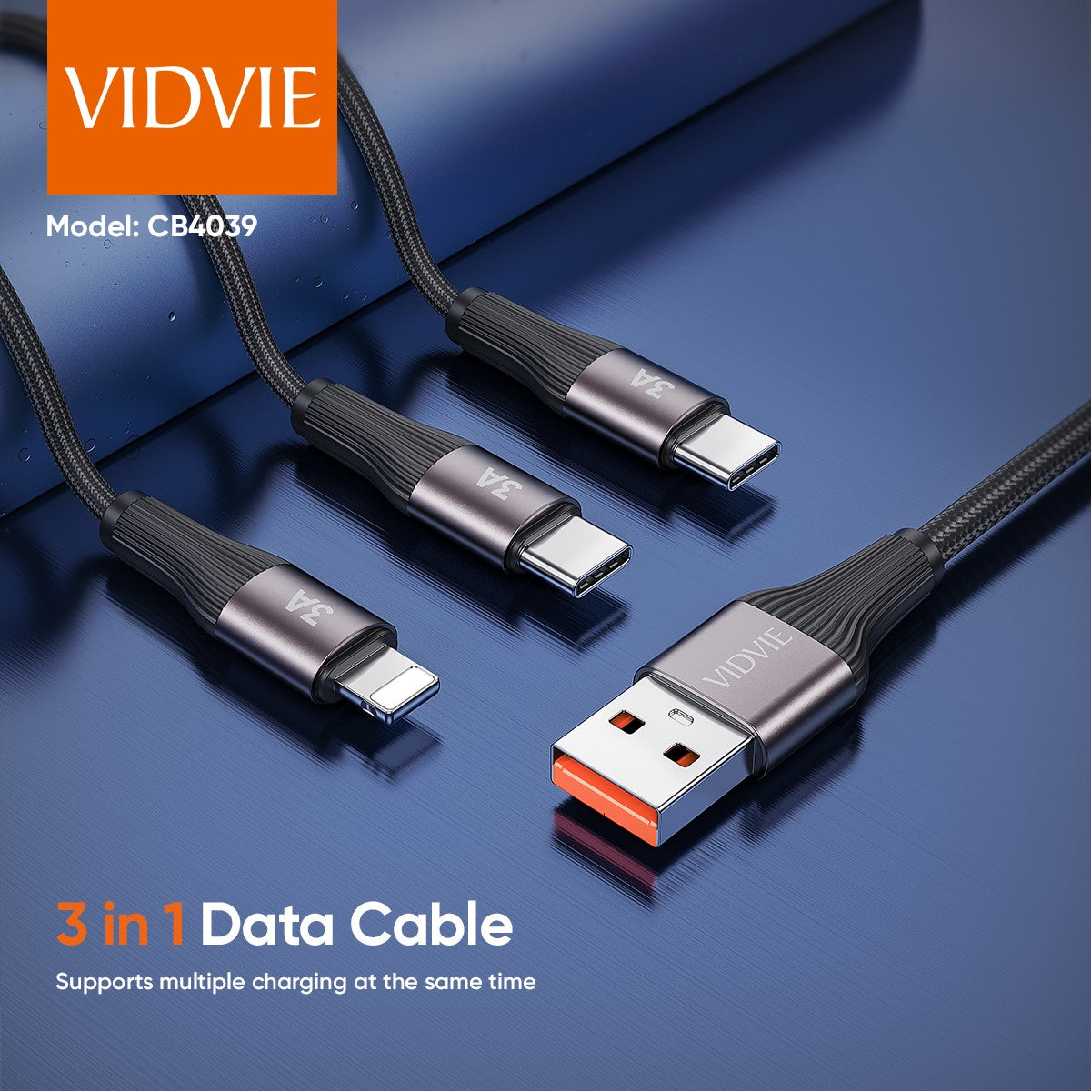 VIDVIE CB4039 3A Fast Charging 3 in 1 Multi USB Charging Cable