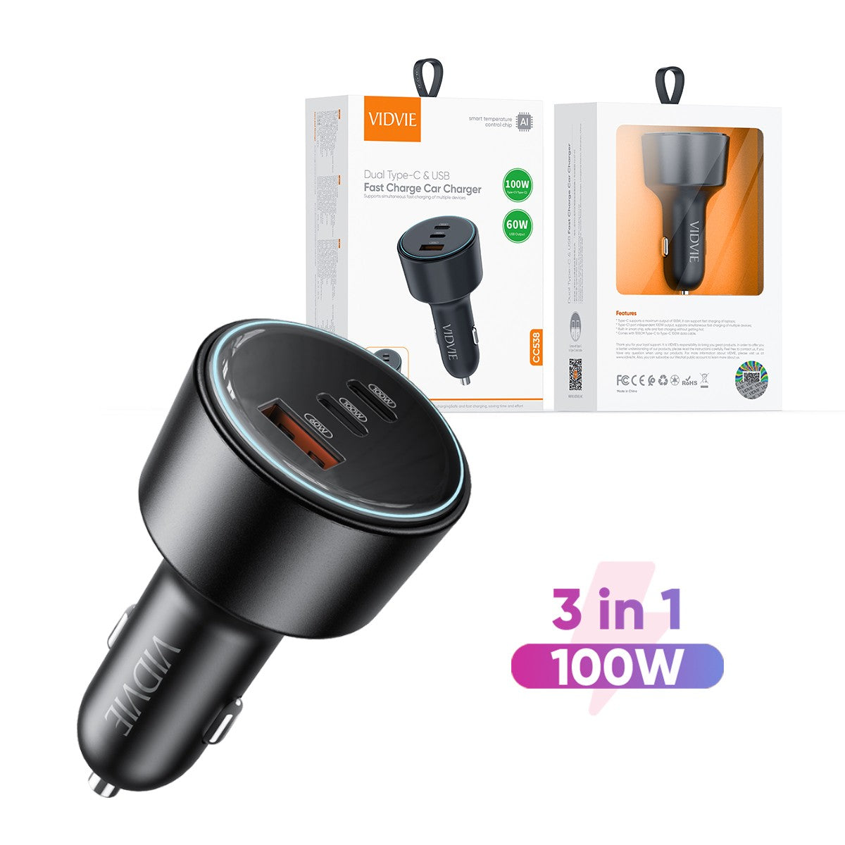 VIDVIE CC538 100W Super Fast Charging Car Charger with Type C cable