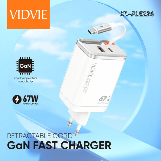 VIDVIE XL-PLE224 67w GaN Fast Charger Retractable USB-C Cable