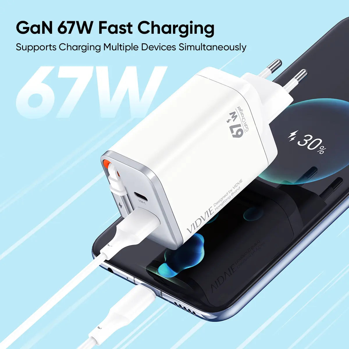VIDVIE XL-PLE224 67w GaN Fast Charger Retractable USB-C Cable