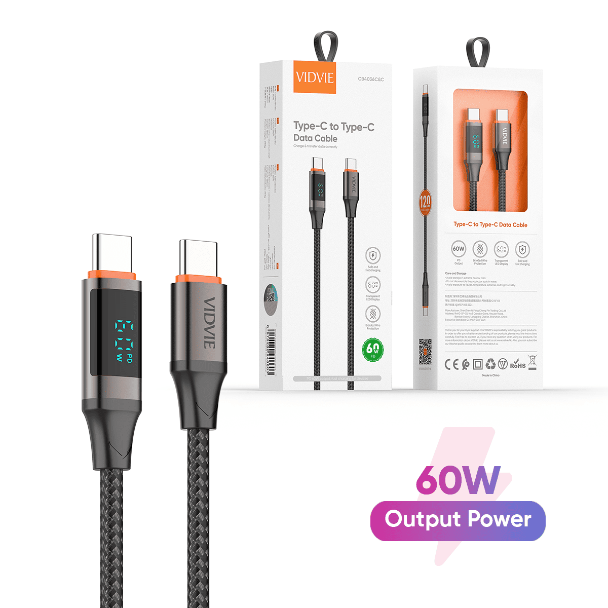 VIDVIE CB4036C&C 60W Type-C to Type-C Data Cable -1.2m