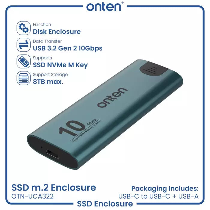 ONTEN UCA322 M.2 (NVMe M.2) SSD Enclosure (10Gbps)