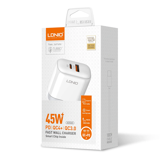 LDNIO (A2526C) - 45W Fast Wall Charger With 1 Meter Cable