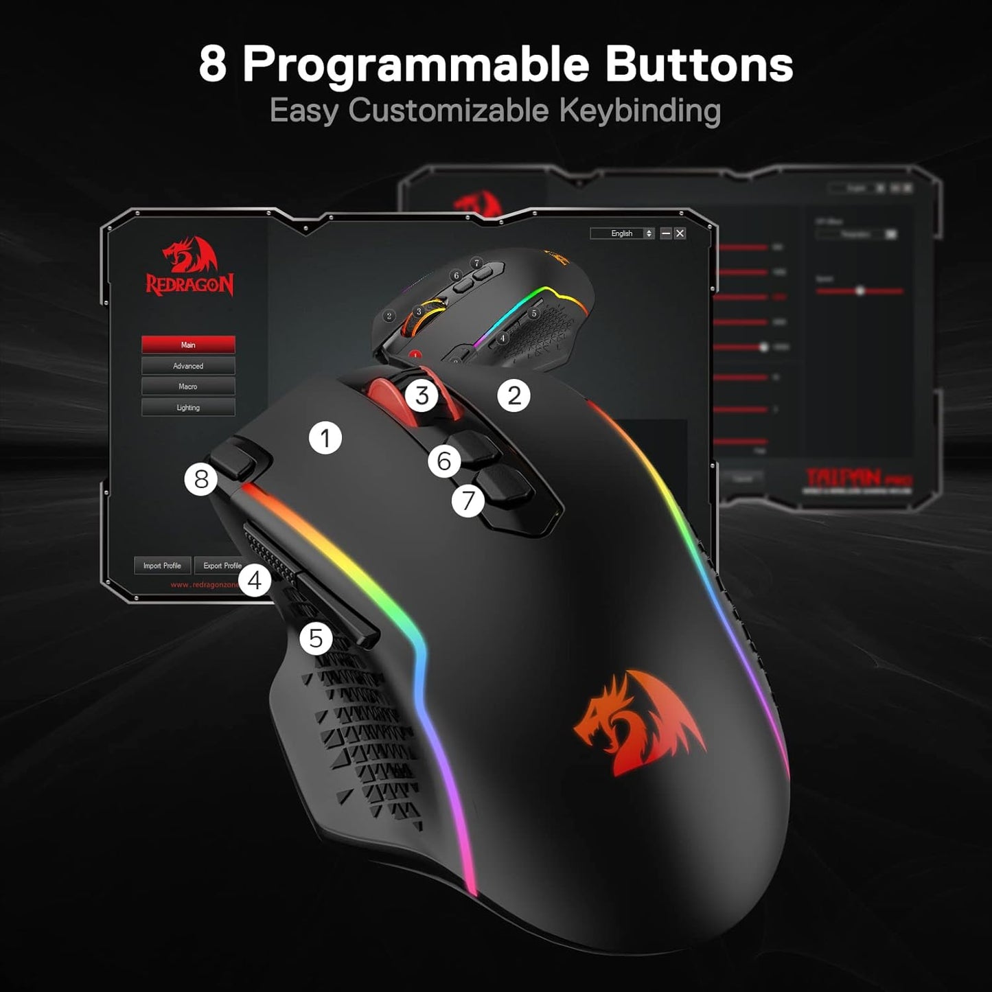 Redragon M810 TAIPAN PRO 10000DPI 8-Button Wireless RGB Gaming Mouse - Black
