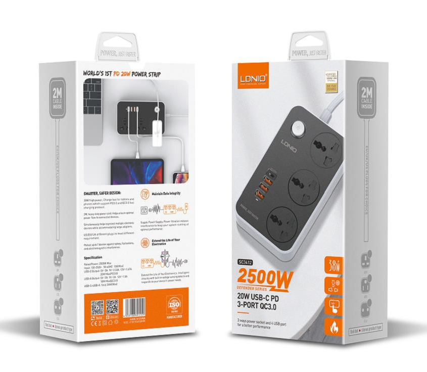LDNIO SC3412 Power Strip with 3 AC Sockets + PD Type-C Ports