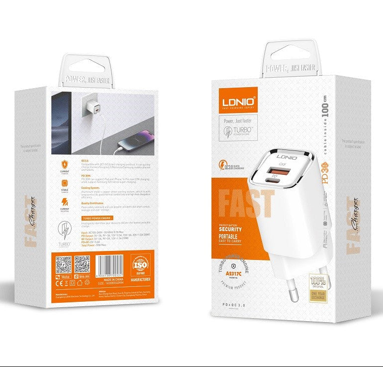 LDNIO A2317C 30W Fast Charger with Dual Port (Type-C + USB)