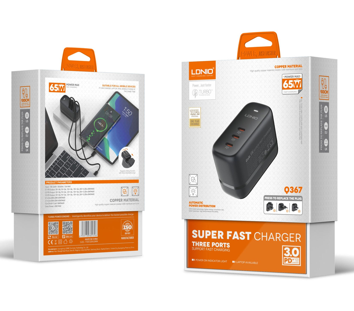Ldnio Q367 65W GAN Fast Charger with USB C to C Cable