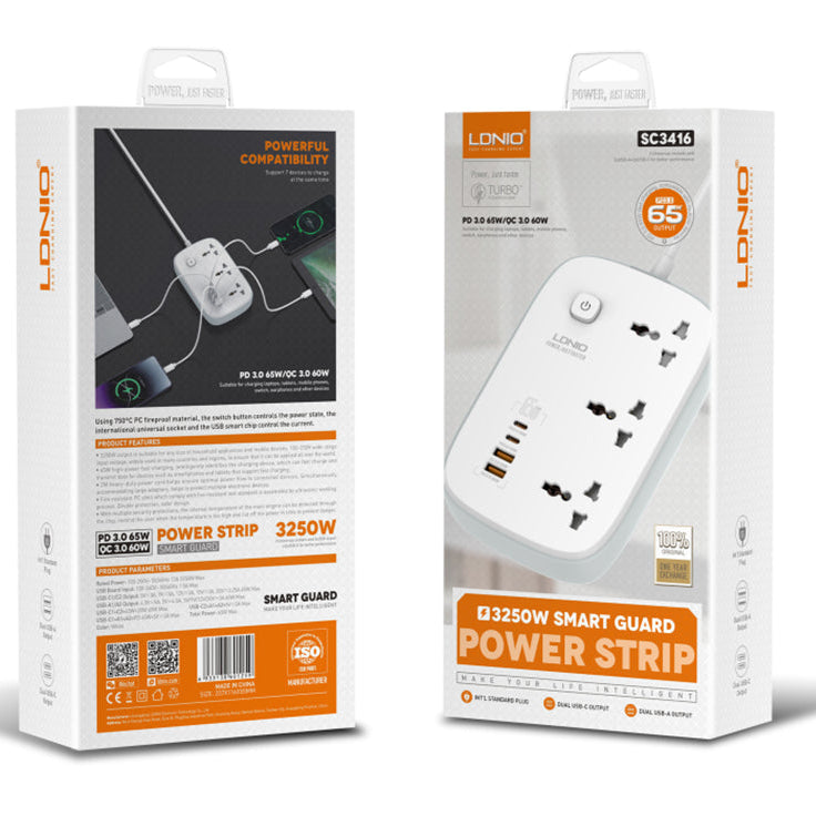 LDNIO (SC3416) 65w PD 3 Sockets/ 2 USB Power Strip