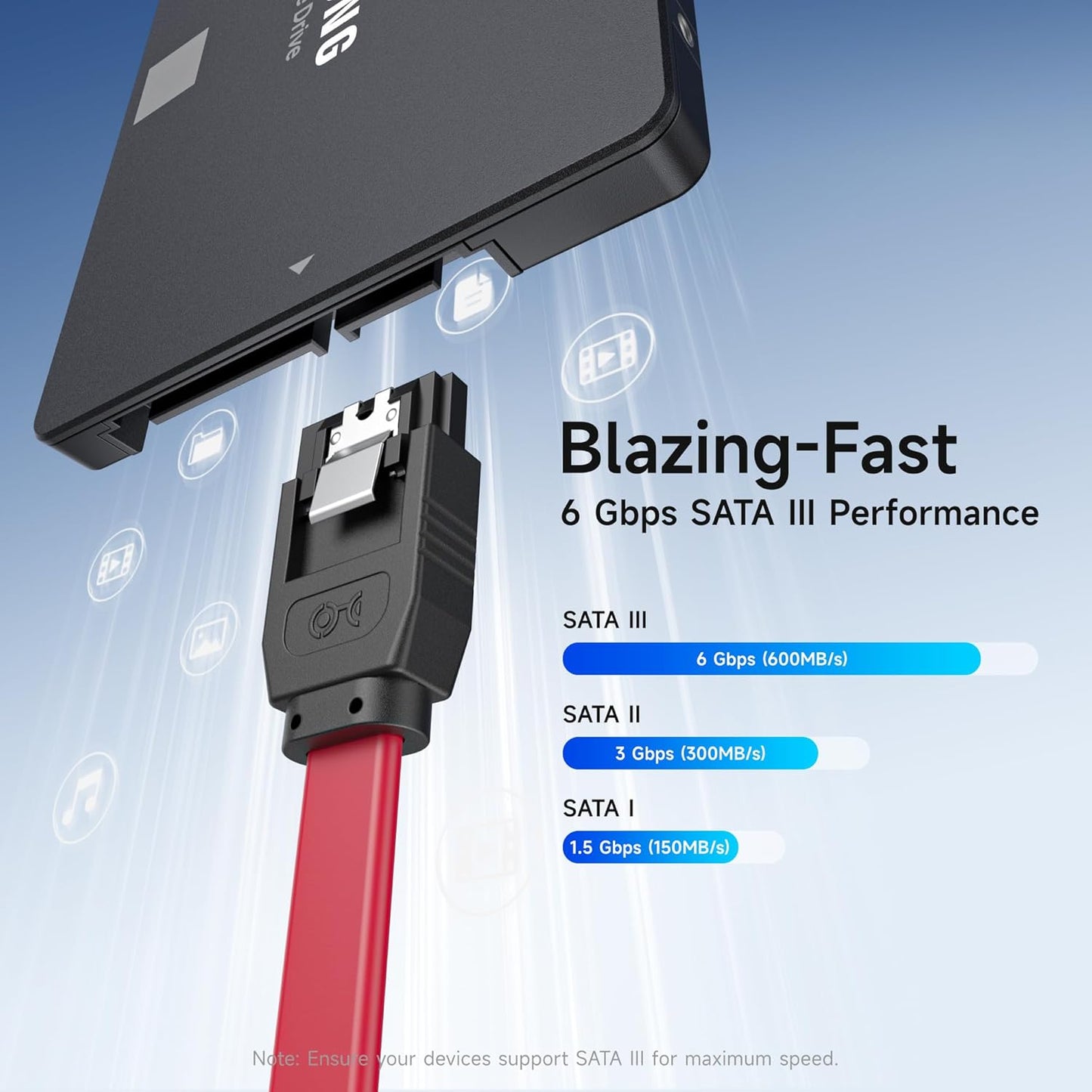 SATA III 6Gbps Straight HDD SDD Data Cable with Locking Latch - 2Pack