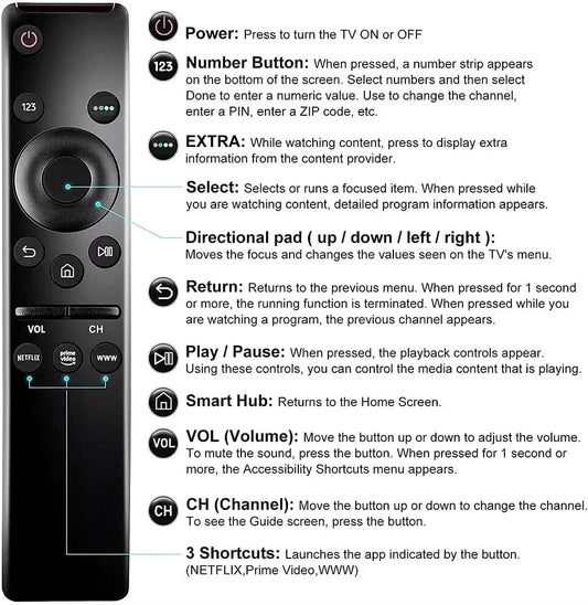 Replacement Remote for Smart Samsung BN59-01259B BN59-01266A LED 4K UHD TV