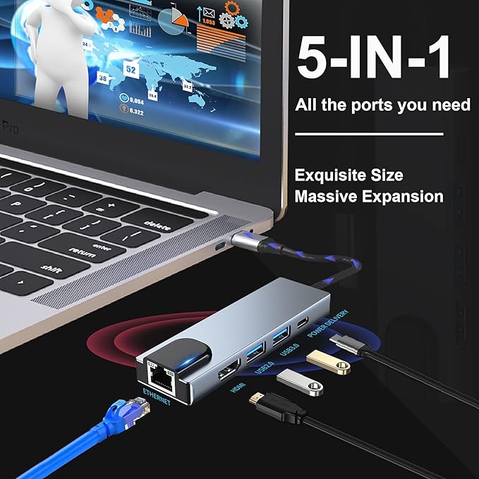 5 in 1 USB-C Hub with 100W PD, 4K HDMI, USB Ports & Ethernet