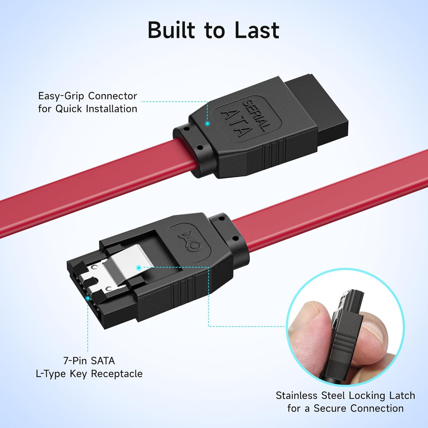 SATA III 6Gbps Straight HDD SDD Data Cable with Locking Latch - 2Pack