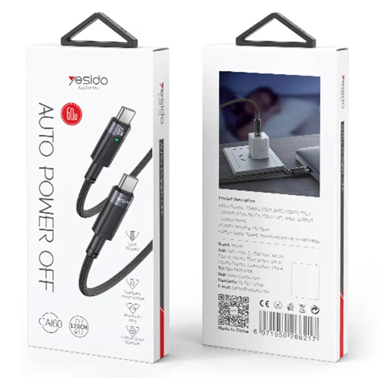 Yesido CA160 60W Type-C to Type-C Auto Disconnect Charging Data Cable