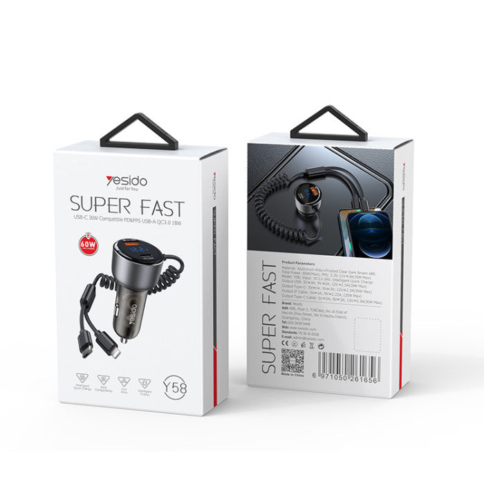 Yesido Y58 60W Fast Charging Car Charger | Built-in Type-C And Lightning