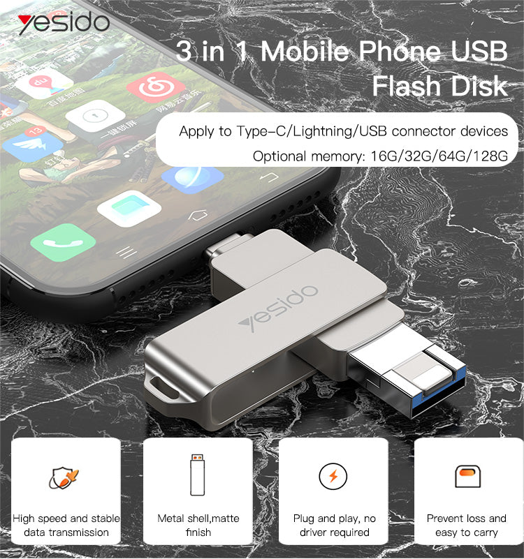 Yesido FL12 16 USB Flash Drive 3 in 1 (Type-C - Lightning & USB