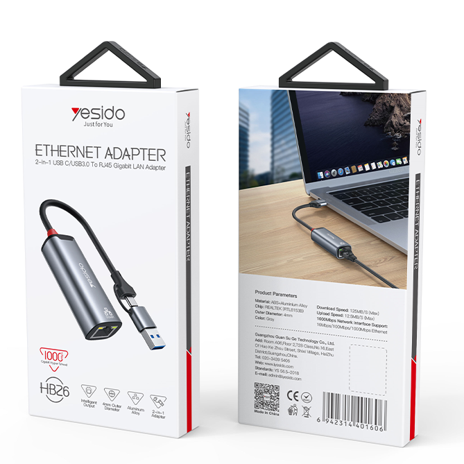 Yesido HB26 (2in1)USB3.0+Type-C to RJ45 Gigabit LAN Ethernet Adapter