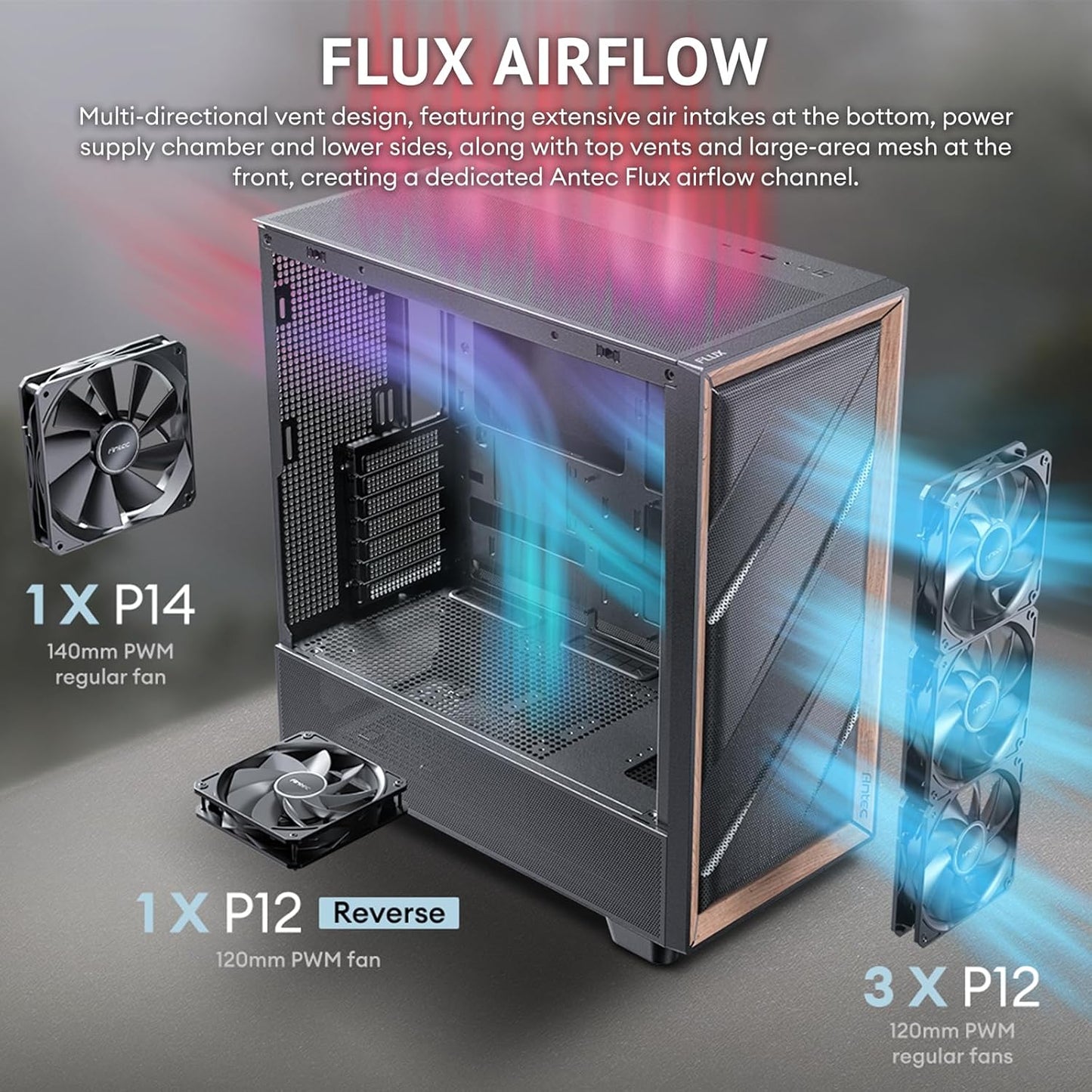 Antec FLUX ATX WOOD Mid Tower Gaming Chassis – Black
