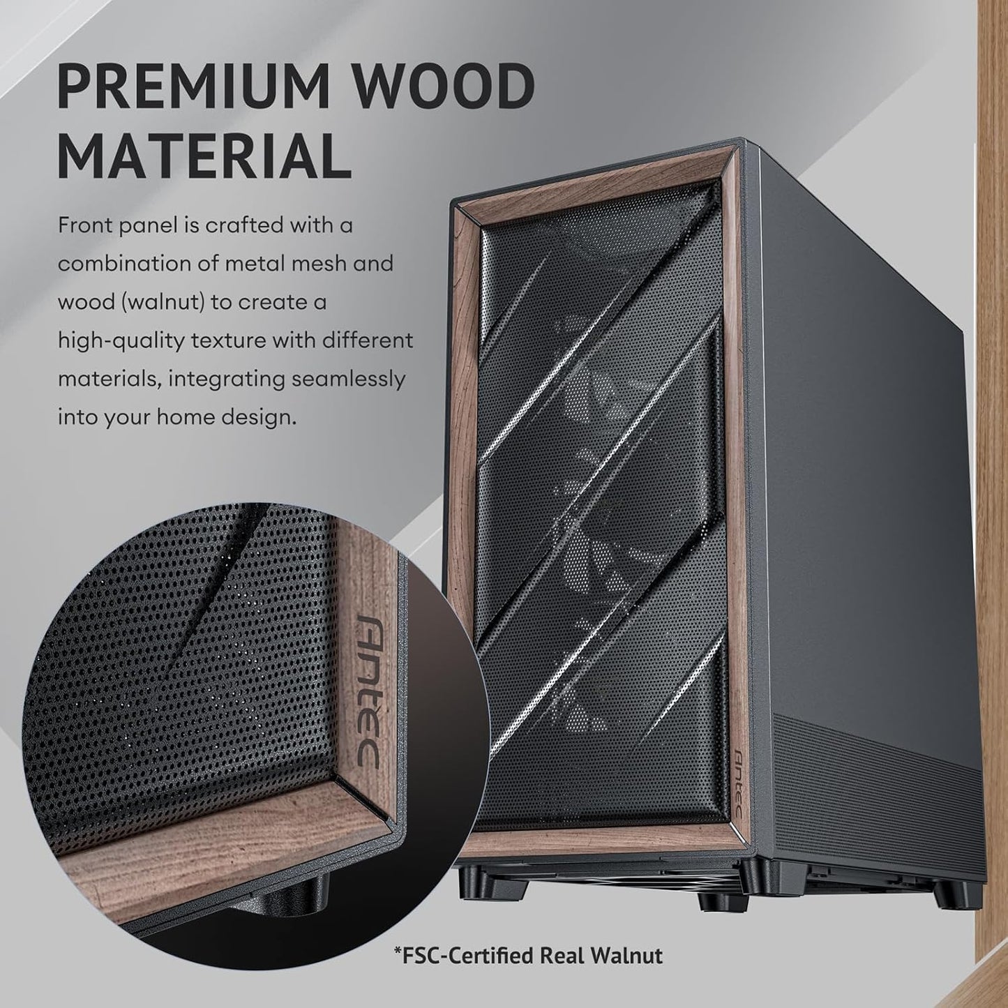Antec FLUX ATX WOOD Mid Tower Gaming Chassis – Black