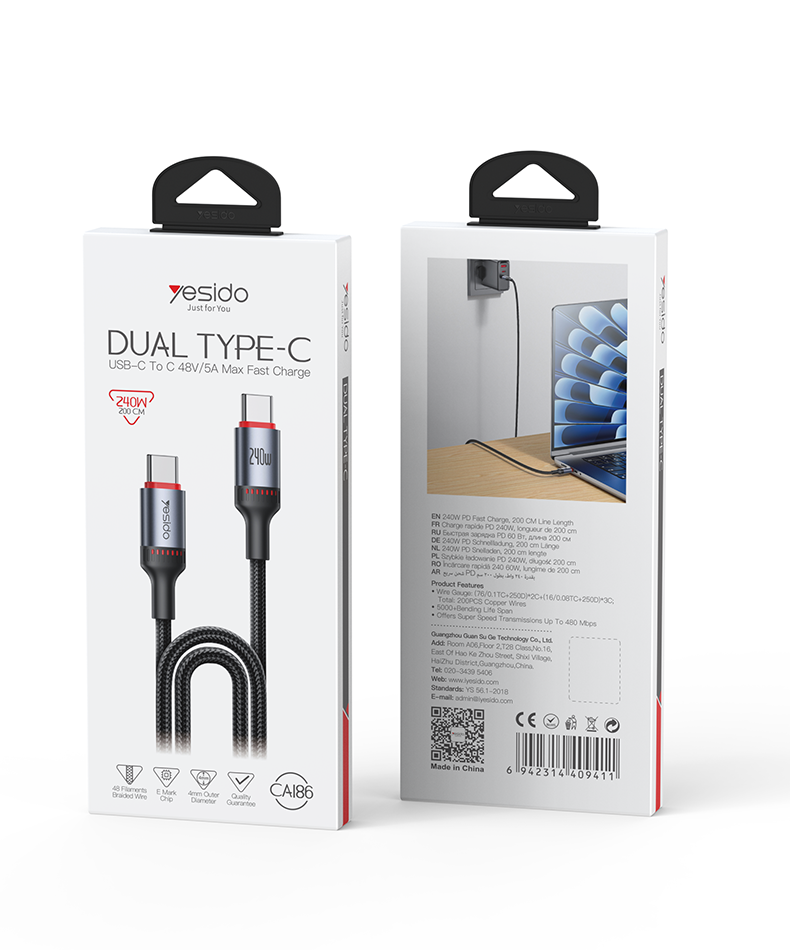 Yesido CA186 240W Type-C to Type-C Fast Charging Cable - 2M