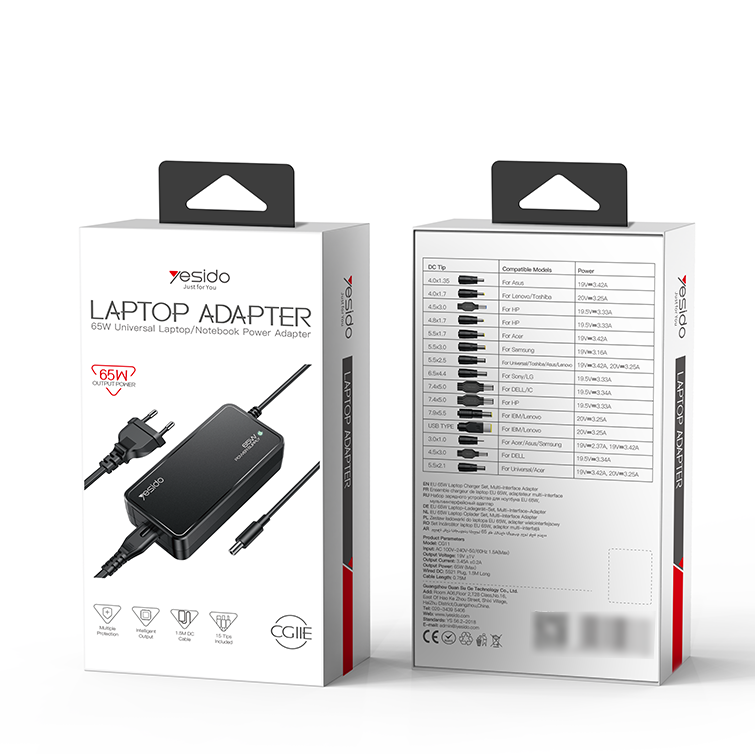 Yesido CG11E 65W Universal Laptop Charger Adapter - 15 Interchangeable Tips,