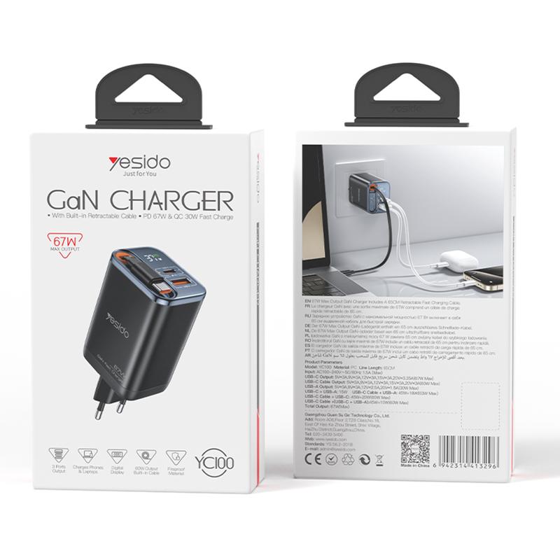 Yesido YC100 67W Fast Charger with Retractable Type-C Cable,