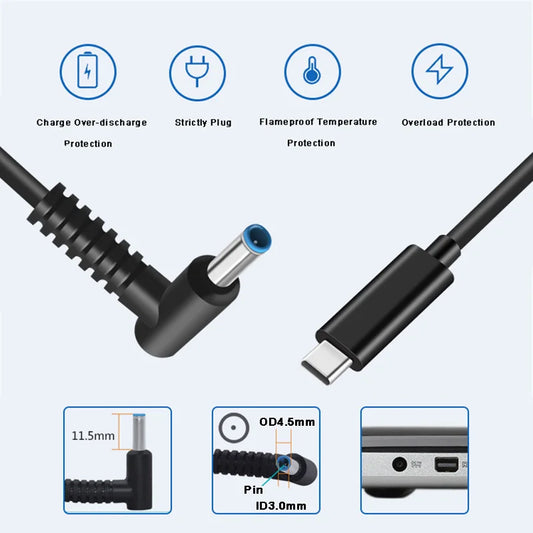 65W USB C to DC Charging Cable DC Jack 4.5 x 3.0 mm for HP Laptops