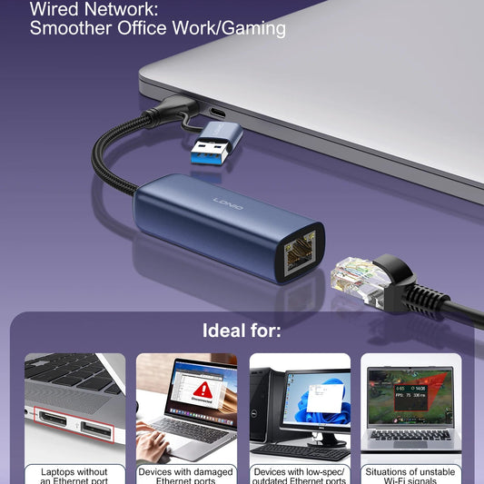 LDNIO RJ-01uc USB-A+C to Gigabit Ethernet Adapter