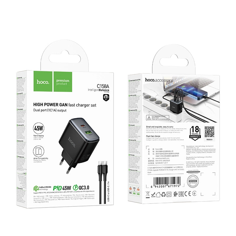 HOCO C158A 45W GaN Fast Charger USB C Dual Port Charger