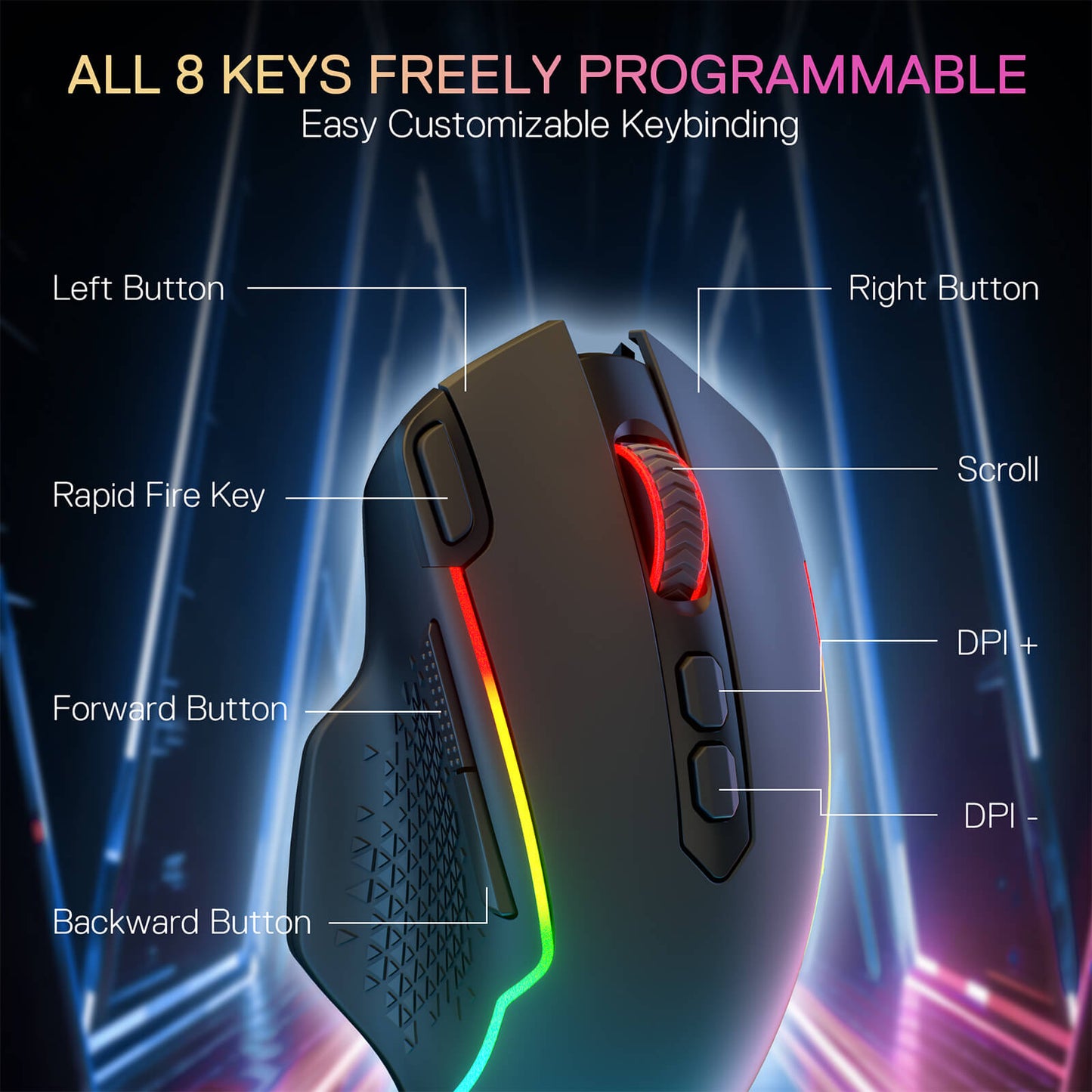 Redragon M810 TAIPAN PRO 10000DPI 8-Button Wireless RGB Gaming Mouse - Black