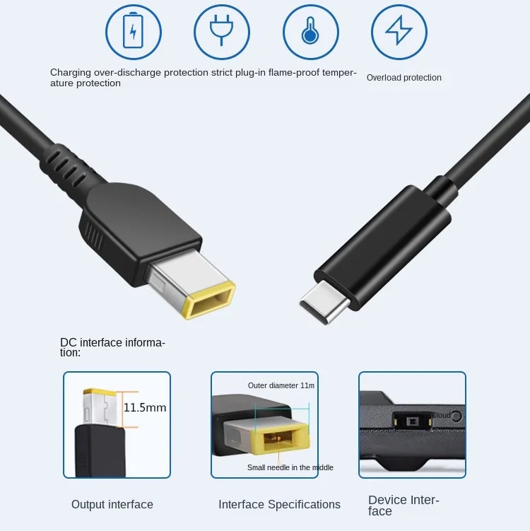 65W USB C to DC Charging Cable Rectangle DC Jack 11.0 x 4.5mm for Lenovo Laptops