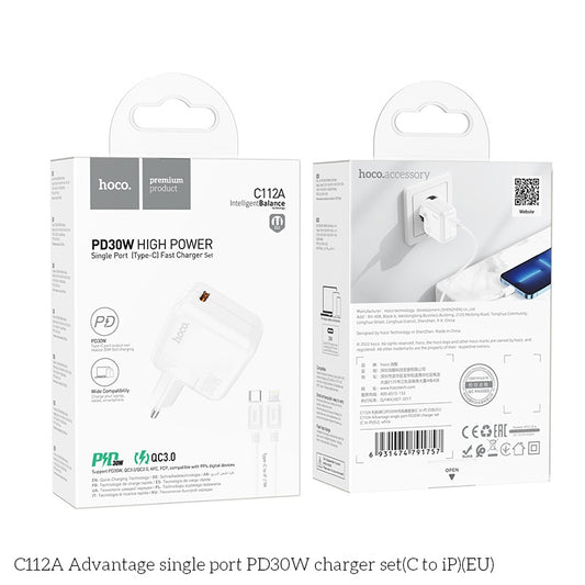 HOCO-C112A- Fast Iphone Charger 30W Type C Port With C to Lightning Cable