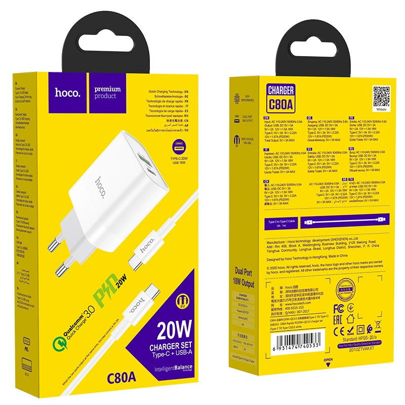 Hoco C80A 20W+QC 3.0(EU) Charging Adapter