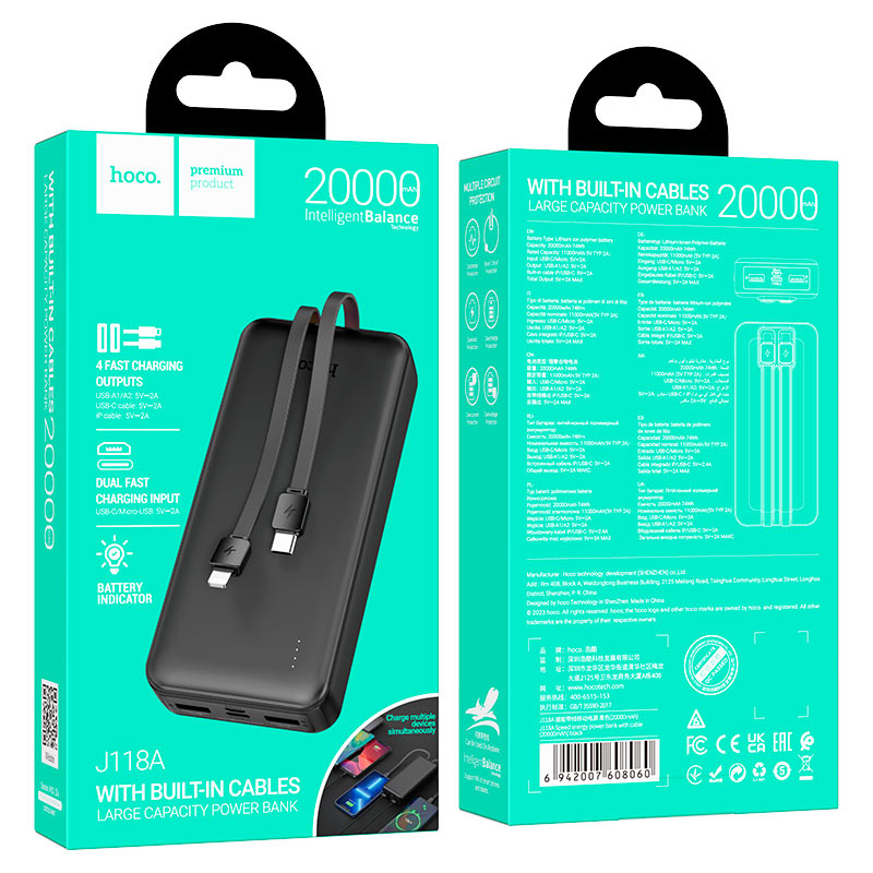 Hoco J118A Fast Charging Power Bank 20000 mAh With Build in Cables
