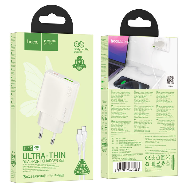 HOCO N45 Dual Port Wall Charger Set PD30W + QC3.0 Cable Set Type C to Type C
