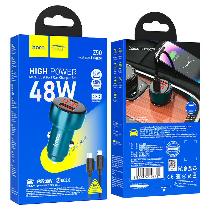 Hoco's Z50 48W Car Charger with Real-Time Voltage Display for safety!