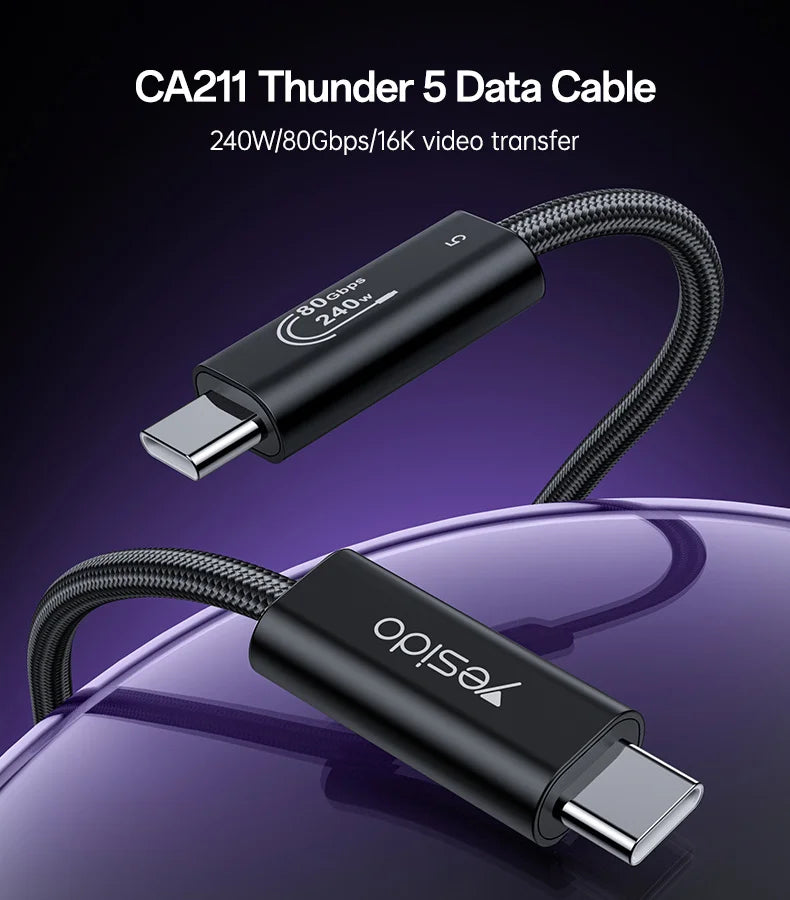 YESIDO CA211 Thunderbolt 5 USB-C to USB-C Cable 80Gbps 240W Fast Charging 16K Video Cable