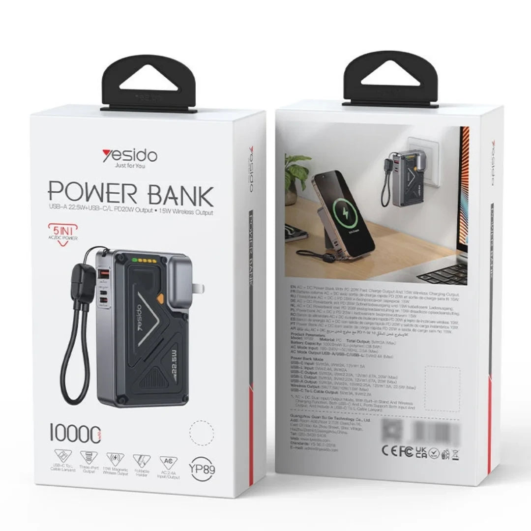 YESIDO (YP89) 5-IN-1 Fast GaN Charger & 10,000mAh 22.5W Power Bank
