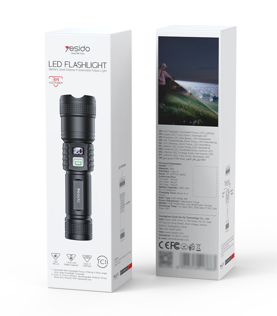 Yesido Telescopic Zoomable LED Flashlight Rechargeable with Digital Display