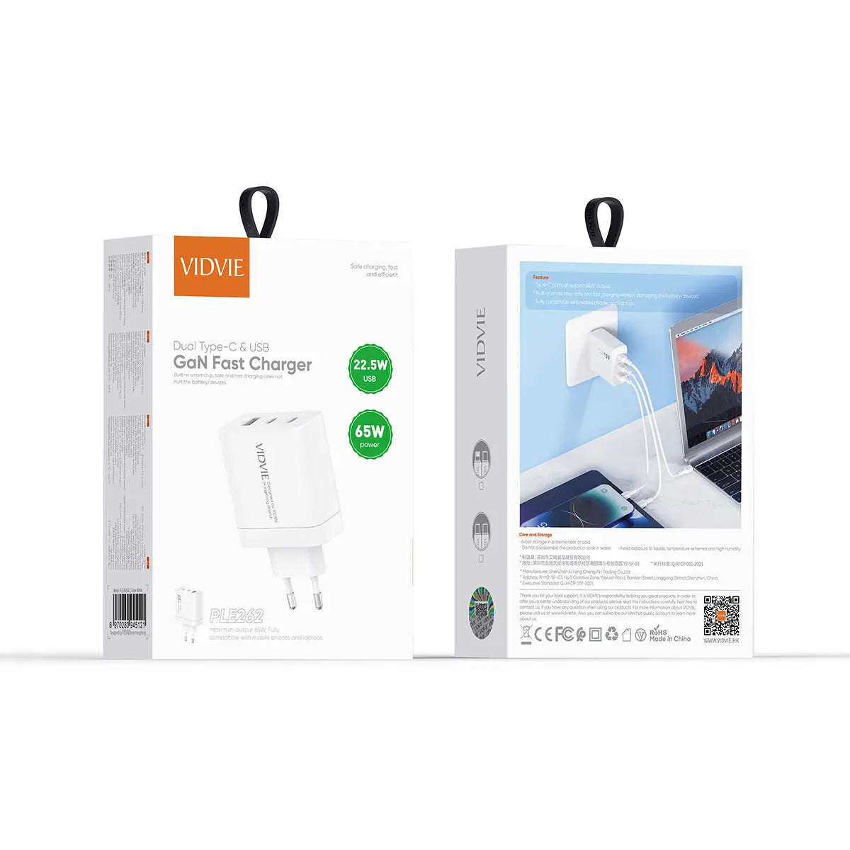 VIDVIE PLE262  Dual Type-C & USB GaN Fast Charger