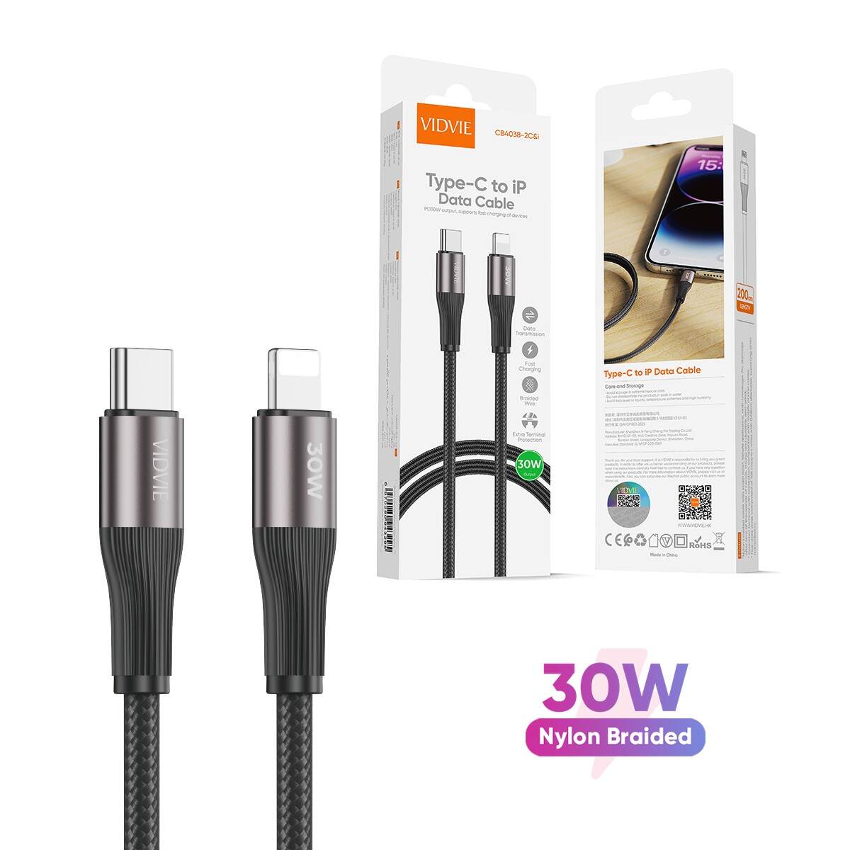 Vidvie CB4038 Braided  USB-C to Lightning Cable 30W Black 2m