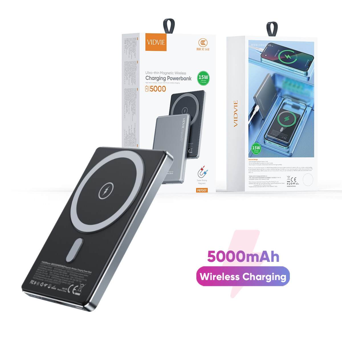 VIDVIE (PB7007) 5000mAh Ultra-thin Magnetic Wireless Charging Power Bank
