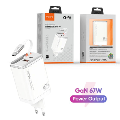 VIDVIE XL-PLE224 67w GaN Fast Charger Retractable USB-C Cable