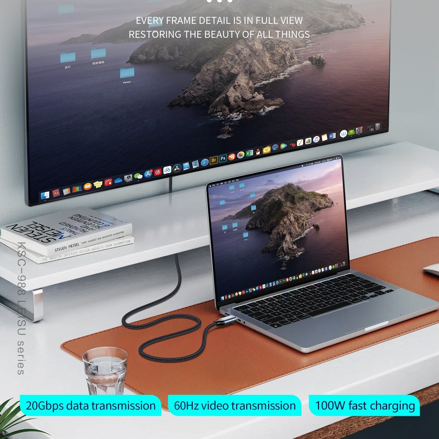 KSC-988 USB 3.2 Gen2, 20Gbps, 100W (4K@60Hz) Charging Cable - 2m