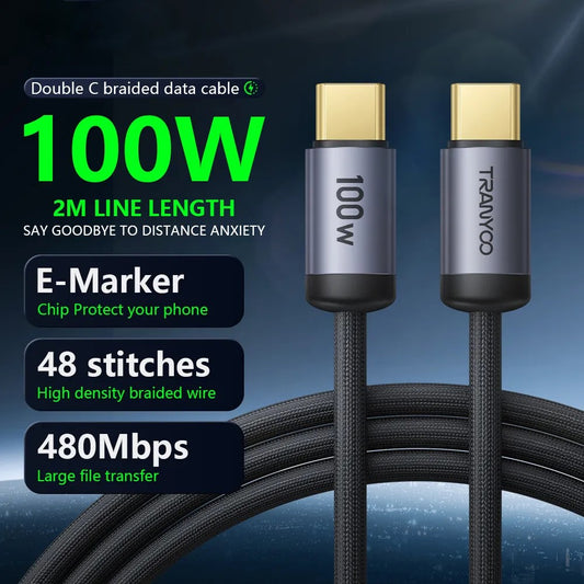 TRANYOO CC4 2m PD 100W Braided Fast Charging Cable for Phone & Laptop