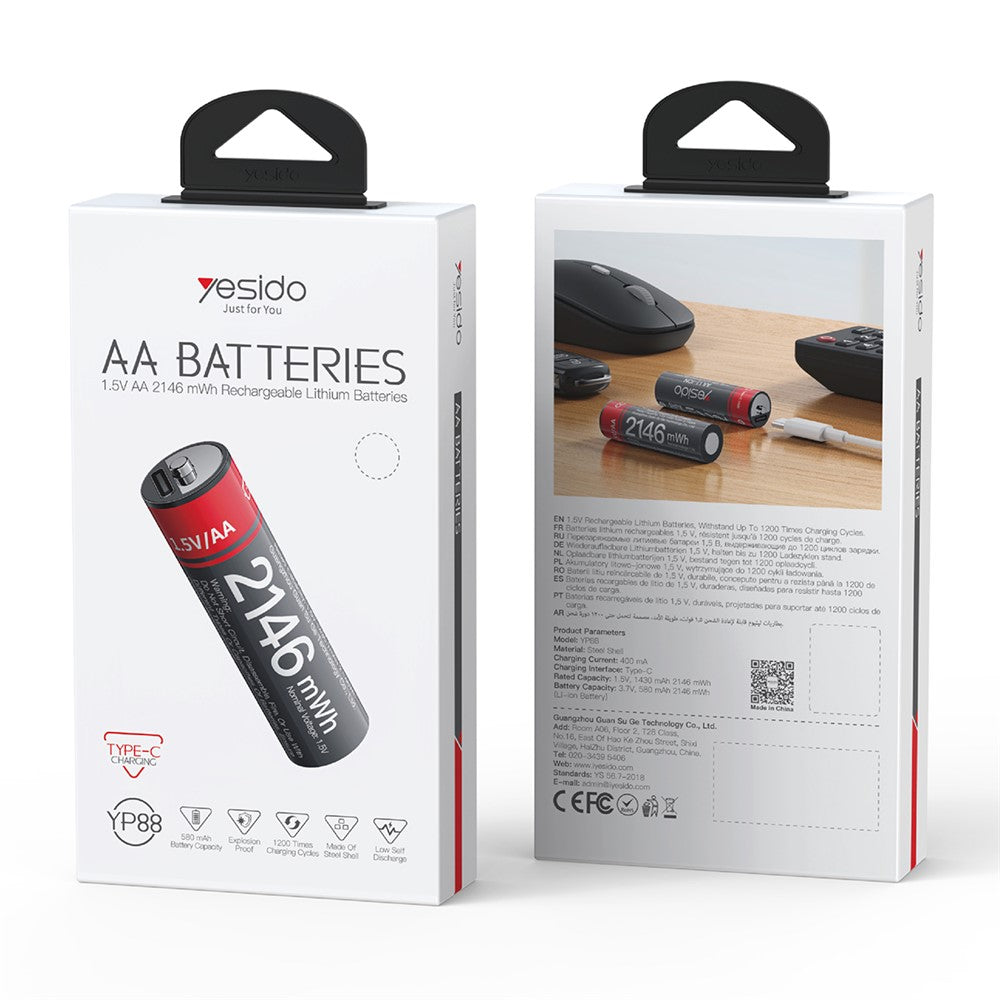Yesido YP88 AA 1.5V Rechargeable Lithium Batteries – 4 Pieces