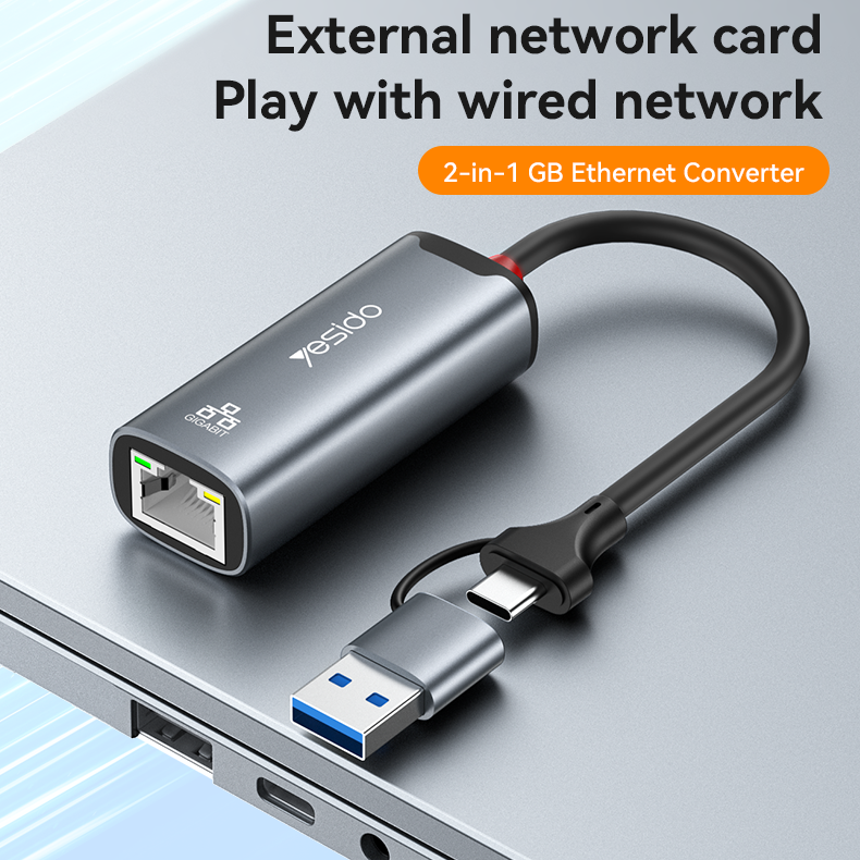 Yesido HB26 (2in1)USB3.0+Type-C to RJ45 Gigabit LAN Ethernet Adapter