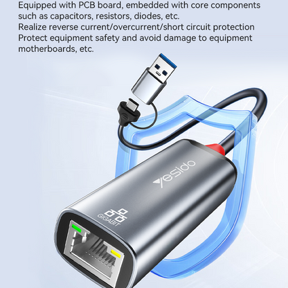 Yesido HB26 (2in1)USB3.0+Type-C to RJ45 Gigabit LAN Ethernet Adapter