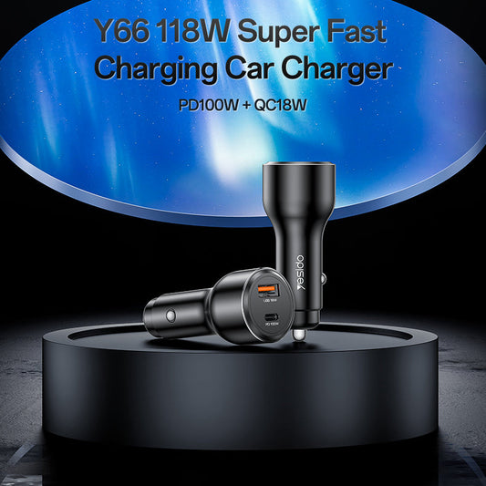 Y65 118W Super Fast Charging Aluminum Alloy QC18W+PD100W USB & Type-C Dual Ports Car Charger
