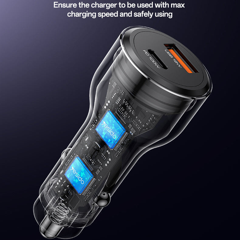 Y65 118W Super Fast Charging Aluminum Alloy QC18W+PD100W USB & Type-C Dual Ports Car Charger