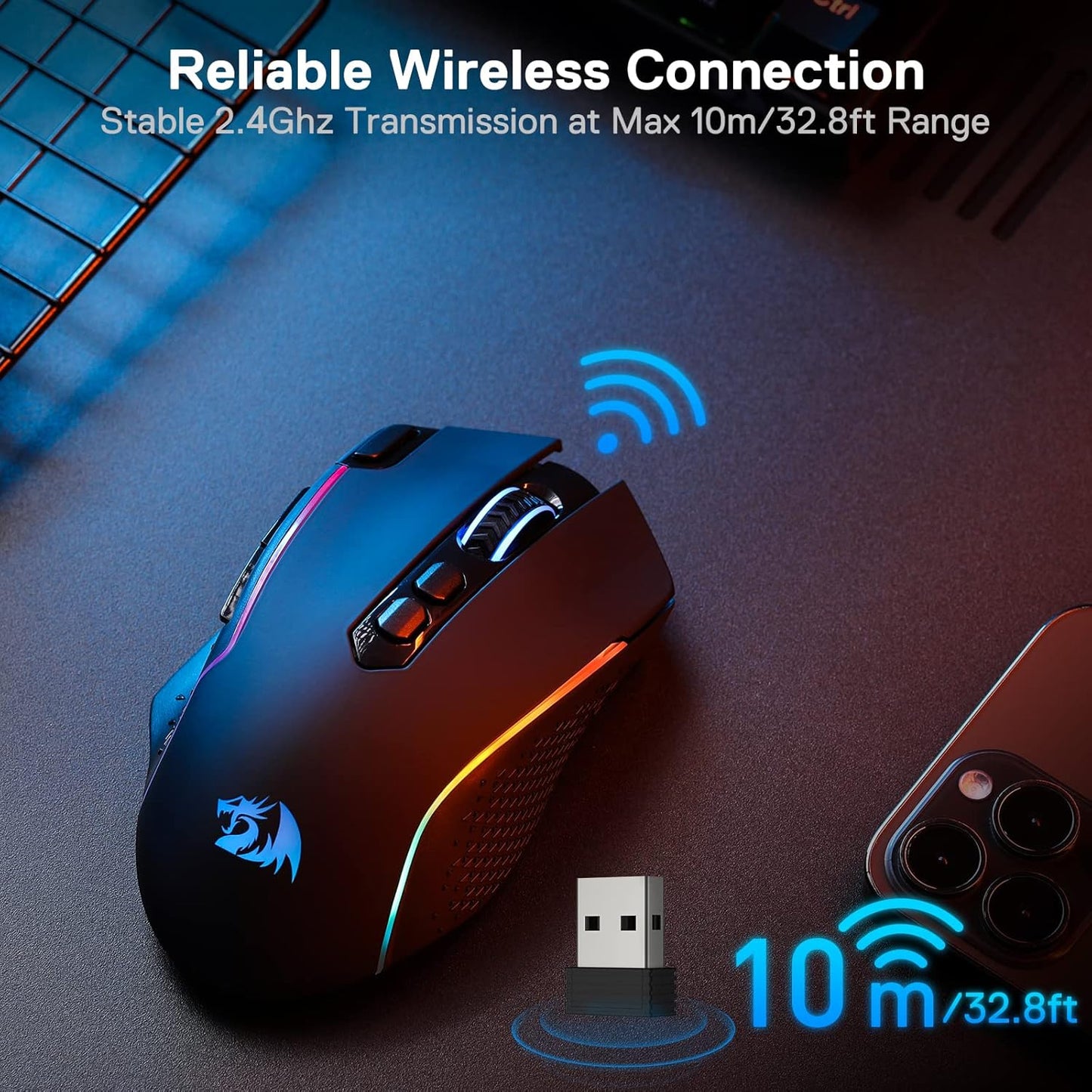 Redragon M810 TAIPAN PRO 10000DPI 8-Button Wireless RGB Gaming Mouse - Black